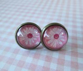 Antique Brass Earrings - Pink Daisies - Post Earrings