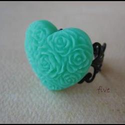 Green Heart on Black Filigree Ring - Adjustable - Jewelry by FIVE
