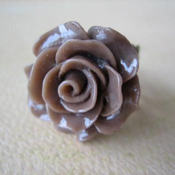 Mocha Brown Rose on Antique Brass Filigree Ring - Adjustable - Jewelry by FIVE