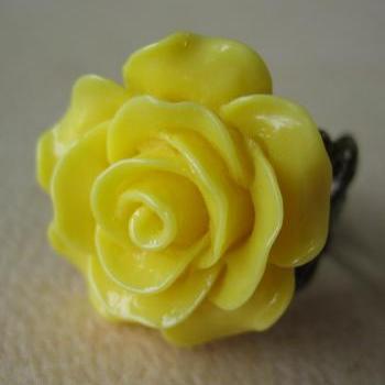 Sunshine Yellow Rose on Antique Brass Filigree Ring - Adjustable - Jewelry by FIVE